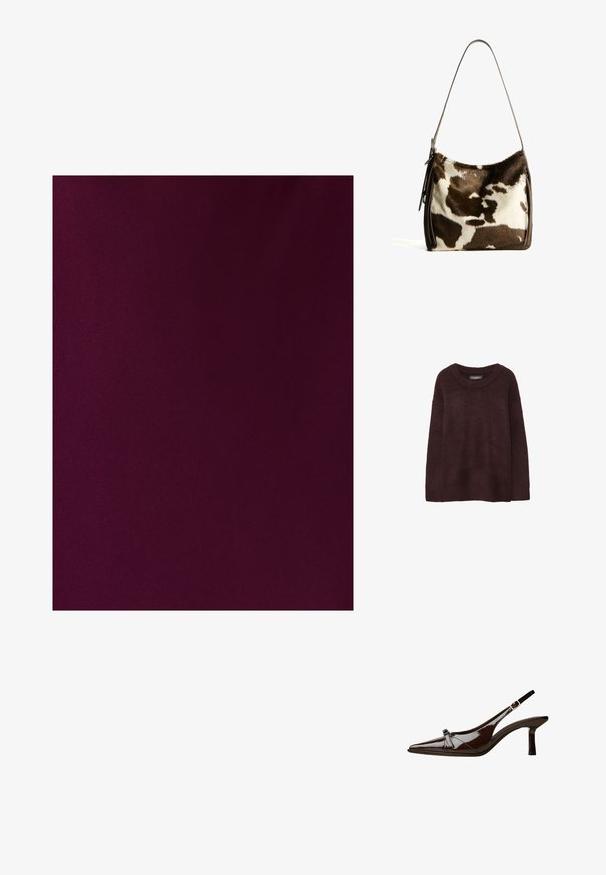 Burgundowa wełniana sweter z okrągłym dekoltem, luźnym krojem, długimi rękawami i miękką teksturą. Bez wzorów ani zdobień.; TUSSAH MAVIS - Długa sukienka; Brązowe lakierowane sandały z odkrytymi palcami, o spiczastym nosku, niskim obcasie i ozdobnym kokardkowym akcentem z przodu. Gładka, błyszcząca tekstura.; Torebka na ramię z brązowej i kremowej skóry bydlęcej, z gładkim skórzanym paskiem, zamknięciem na zamek oraz miękką, teksturowaną powierzchnią o naturalnym wzorze.