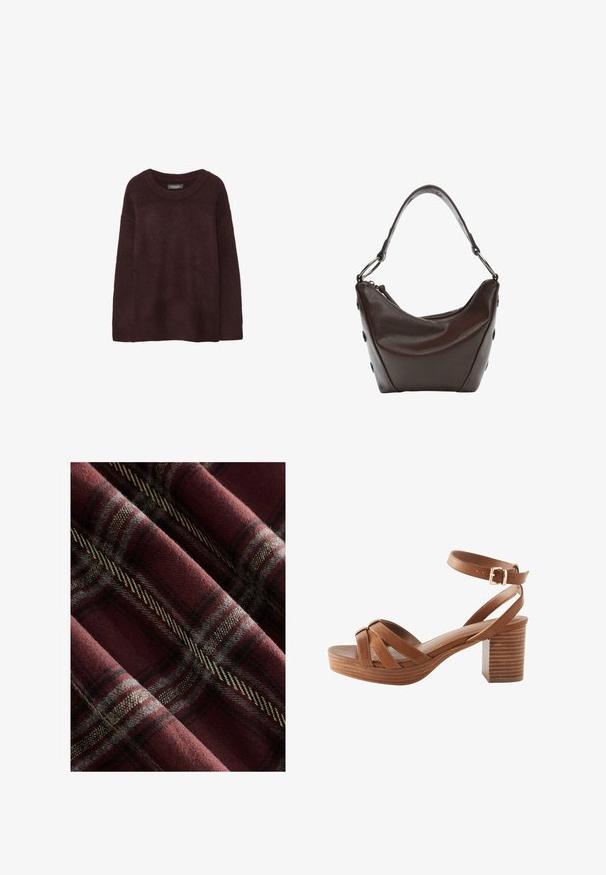 Maglione di lana borgogna con scollo rotondo, vestibilità ampia, maniche lunghe e una texture morbida. Nessun motivo o decorazione.; Tessuto a quadri in bordeaux e grigio, che presenta una texture morbida con linee nere e crema prominenti e un motivo intrecciato in tutto il tessuto.; Next Sandali con plateau - tan brown; Borsa in pelle marrone scuro con forma curvata, chiusura con zip e manico corto. Caratterizzata da hardware in metallo e bottoni neri decorativi sul lato.