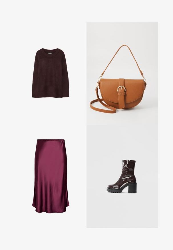 Bordeaux uldtrøje med rund hals, loose fit, lange ærmer og en blød tekstur. Ingen mønstre eller udsmykninger.; Burgunderfarvet satin nederdel med en glat tekstur, knælang, i en svajende design og med en subtil glans, der har et enkelt elastisk taljebånd.; Glatte burgunder ankelstøvler med en chunky sort hæl, der har en glat tekstur og et simpelt design. Ingen synlige lukninger eller mønstre.; Brun læder crossbody taske med en buet form, guldfarvet hardware og en spændeaccent. Har en aftagelig skulderrem.
