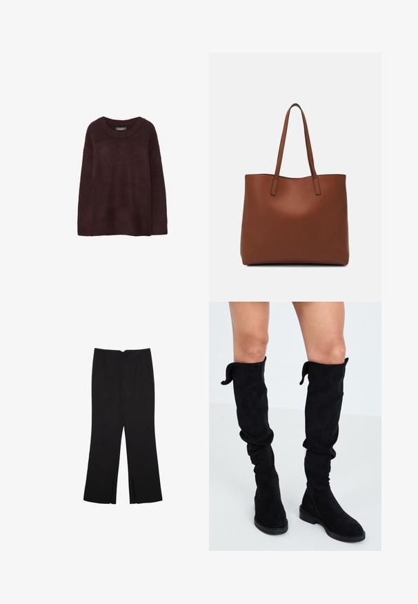 Burgundowa wełniana sweter z okrągłym dekoltem, luźnym krojem, długimi rękawami i miękką teksturą. Bez wzorów ani zdobień.; Czarne spodnie o prostym kroju, z przednimi kieszeniami i bocznymi rozcięciami na dole. Wykonane z miękkiego, gładkiego materiału. Odpowiednie na różne okazje.; Czarne zamszowe kozaki za kolano z miękkiego materiału, luźny fason, okrągły nos, płaska podeszwa i zamek błyskawiczny z boku dla łatwego zakładania.; Brązowa skórzana torba tote o gładkiej fakturze, z otwartym wierzchem i dwoma ramiączkami. Charakteryzuje się minimalnym przeszyciem i brakiem widocznych elementów metalowych.