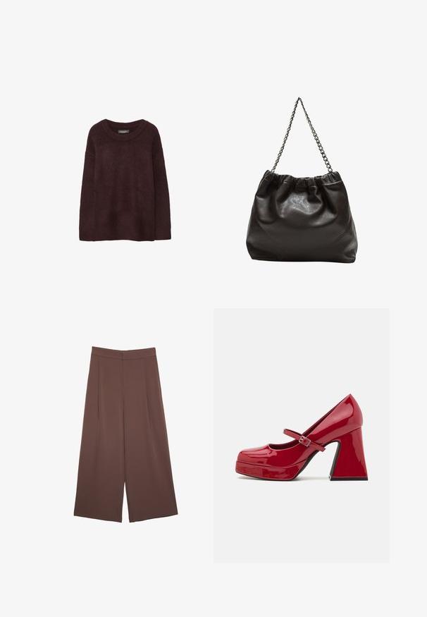 Burgundska volna pulover s kroRou kroglico, ohlapen kroj, dolgi rokavi in mehak tekstura. Brez vzorcev ali okraskov.; Rjave široke hlače z gladko teksturo, ki imajo visok pas in sprednje naborke. Tkanina je lahka in prosto pada.; Rdeče lakirane Mary Jane visoke pete s okroglo konico, platformo spredaj, zaponko in oblikovanim blok peto.; Rjava usnjena torba z nabranim vrhom in verižnim trakom. Gladka tekstura z sijajno površino in subtilnimi šivi na straneh.
