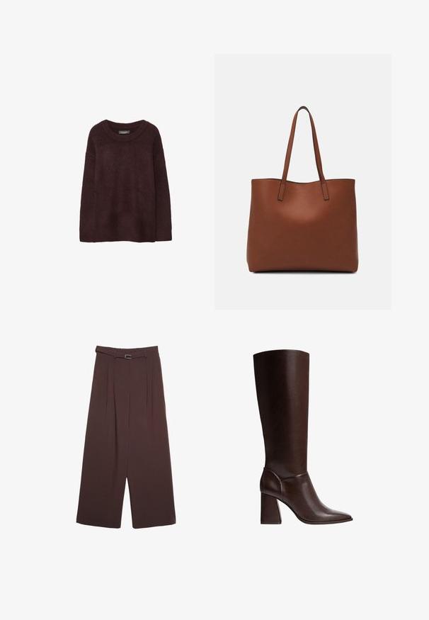 Burgundy villapusero pyöreällä kaula-aukolla, väljä malli, pitkät hihat ja pehmeä rakenne. Ei kuvioita tai koristeita.; Stradivarius WIDE-LEG WITH BUCKLE DETAIL - Housut - dark brown; Ruskotoinen nahkainen polvipituinen saapas, jossa on terävä kärki ja tukeva korko, ja jossa on sileä pinta sekä tyylikäs muotoilu. Nilkassa on koristeellista ompelua.; Ruskea nahkainen olkalaukku, jossa on sileä pinta, avoin yläosa ja kaksi olkahihnaa. Omaavat vain minimaalisen ompelun eikä näkyvää metalliosaa.