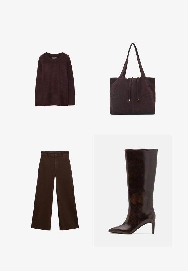 Burgundska vuna pulover s okruglim izrezom, slobodnog kroja, dugim rukavima i mekanom teksturom. Bez uzoraka ili ukrasa.; Smeđe široke hlače od pamuka, s raspucanim rubom, prednjim kopčanjem na dugme i klasičnim dizajnom s pet džepova. Minimalističke i svestrane.; Call it Spring RHODDE - Čizme s visokom petom - medium brown; Mango Velika torba - dark brown