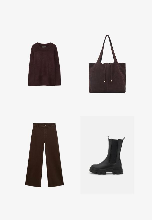 Burgundska volna pulover s kroRou kroglico, ohlapen kroj, dolgi rokavi in mehak tekstura. Brez vzorcev ali okraskov.; Rjave široke hlače iz mešanice bombaža, z raztrganim robom, sprednjim gumbom in klasičnim dizajnom s petimi žepi. Minimalistične in vsestranske.; Črne Chelsea čevlje iz usnja in elastičnega materiala, z masivnim gumijastim podplatom in izrazitim profilom ter zanko za enostavno obuvanje.; Mango Torba za nakupovanje - dark brown