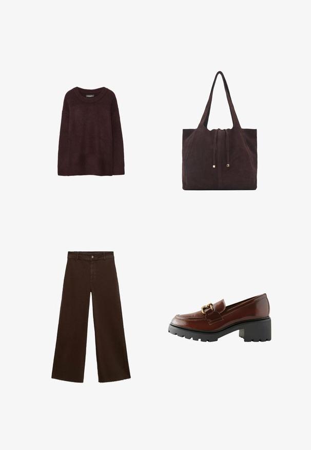 Víno červený vlněný svetr s kulatým výstřihem, volným střihem, dlouhými rukávy a měkkou texturou. Bez vzorů nebo ozdob.; Hnědé kalhoty širokého střihu z bavlněné směsi, s třepicí na lemu, předním zapínáním na knoflík a klasickým designem pěti kapes. Minimalistické a univerzální.; Hnědé kožené mokasíny s kulatou špičkou, zdobným zlatým kováním a silnou černou platformou s texturovaným povrchem.; Mango Velká kabelka - dark brown