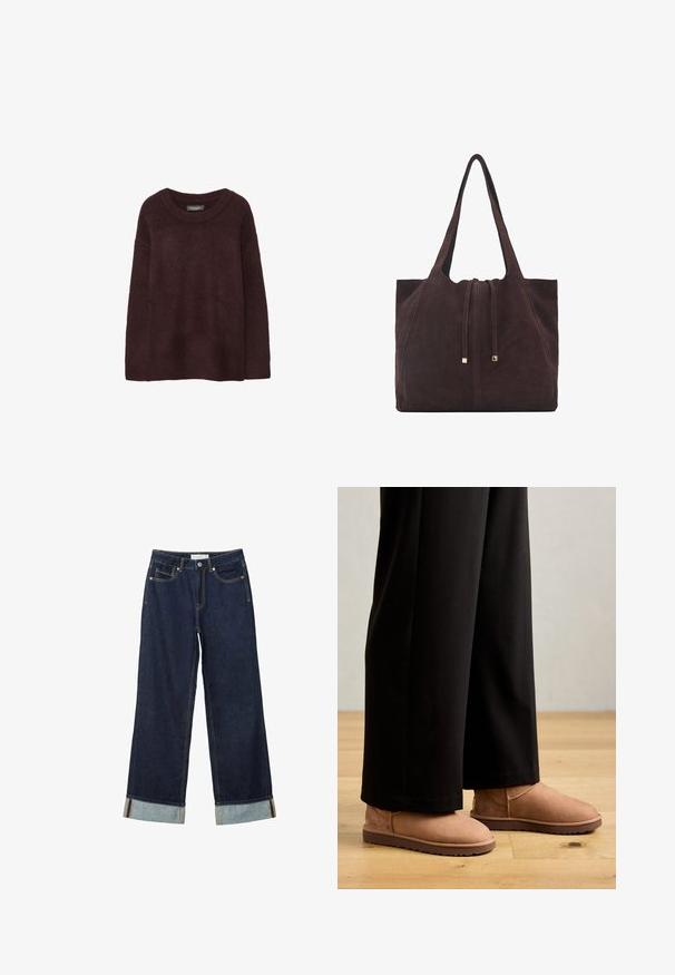 Burgundska volna pulover s kroRou kroglico, ohlapen kroj, dolgi rokavi in mehak tekstura. Brez vzorcev ali okraskov.; Temno modri široki jeans z visokim pasom, s zavitimi manšetami, kontrastnim šivanjem in dizajnom s petimi žepi. Narejeni iz jeansa.; Rjave nubuk škornje do gležnjev z ravnim gumijastim podplatovom, zaobljenim nosom in minimalnim šivanjem, oblečene z črnimi širokimi hlačami na leseni tlaki.; Mango Torba za nakupovanje - dark brown