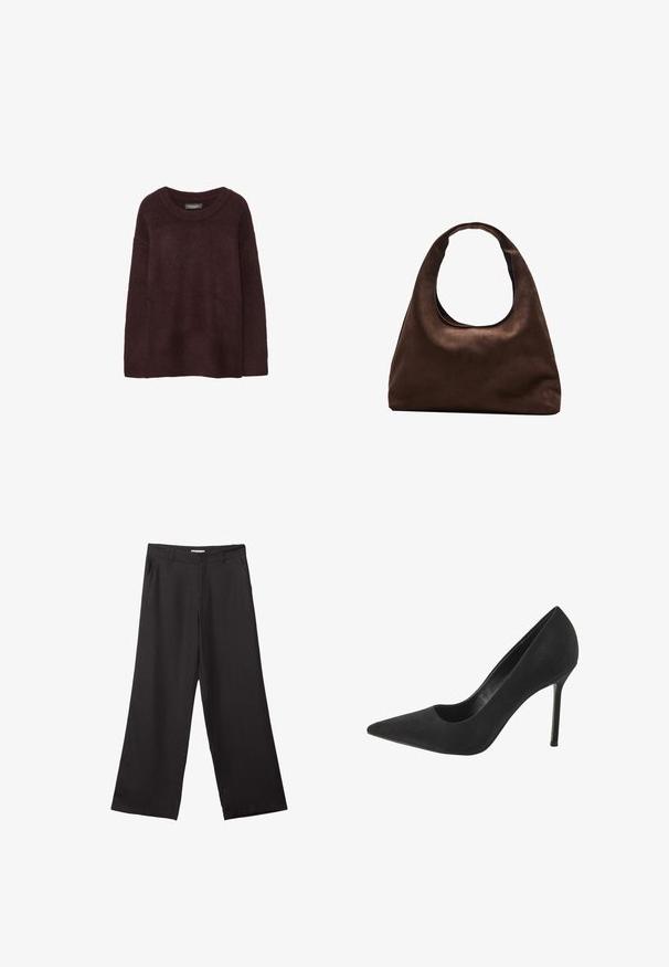 Bordo vlnený sveter s okrúhlym výstrihom, vo voľnom strihu, dlhými rukávmi a jemnou textúrou. Bez vzorov alebo ozdôb.; Čierne široké nohavice vyrobené z hladkej tkaniny, so zipsom vpredu a dvoma bočnými vreckami, s prispôsobeným strihom a minimalistickým dizajnom.; Čierne semišové lodičky na vysokom podpätku s špicatou špičkou a výrezom na boku; obsahujú štíhly stiletto podpätok a hladké vnútorné podšívku.; Svetlohnedá kabelka v štýle hobo s jedným širokým popruhom a zakriveným otváraním na vrchu, vystavená na bielom pozadí.