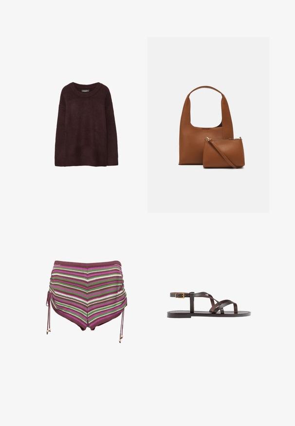 Bordo vlnený sveter s okrúhlym výstrihom, vo voľnom strihu, dlhými rukávmi a jemnou textúrou. Bez vzorov alebo ozdôb.; Pruhované plavky v odtieňoch ružovej, zelenej a hnedej. Vybavené šnúrkami na stranách a mäkkou, elastickou látkou.; Hnedé kožené sandály s krížovými popruhmi, uzatváraním na pracku okolo členku a plochou podrážkou s minimálnymi ševmi.; Hnedá syntetická kabelka s prehnutou rukoväťou a hladkým povrchom. Obsahuje zodpovedajúcu malú taštičku so zipsom. Minimalistický dizajn.