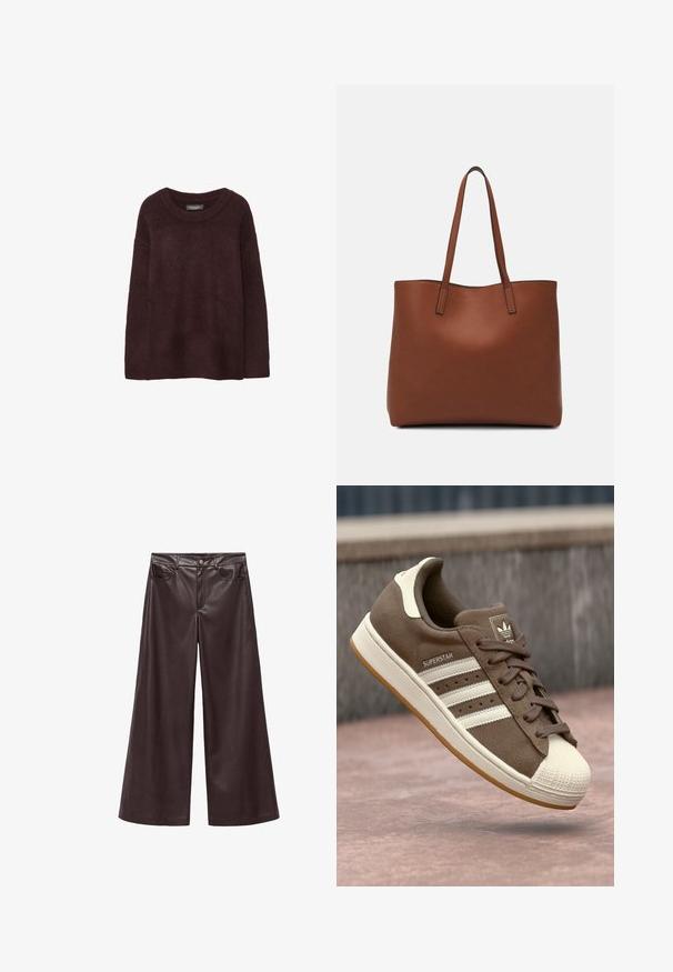 Burgunderfarbener Wollpullover mit Rundhalsausschnitt, lockerer Passform, langen Ärmeln und einer weichen Textur. Keine Muster oder Verzierungen.; Braune Kunstleder-Hosen mit weitem Bein und hohem Bund, ausgestattet mit frontalen Taschen und einem klassischen Knopfverschluss. Weiche Textur und matte Oberfläche.; Braune Wildleder-Sneaker mit weißen Streifen, crèmefarbenen Akzenten und einer Gummischale an der Zehe. Verfügt über ein Schnürdesign und eine strukturierte Gummisohle.; Braune Leder-Tote mit glatter Textur, offenem Oberteil und zwei Schulterriemen. Verfügt über minimale Nähte und keine sichtbaren Beschläge.