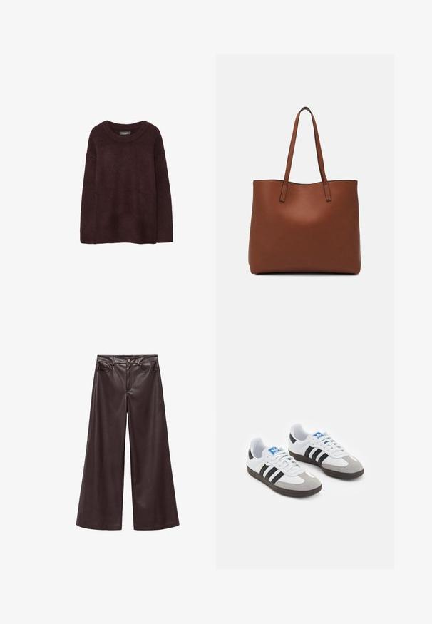 Burgunderfarbener Wollpullover mit Rundhalsausschnitt, lockerer Passform, langen Ärmeln und einer weichen Textur. Keine Muster oder Verzierungen.; Braune Kunstleder-Hosen mit weitem Bein und hohem Bund, ausgestattet mit frontalen Taschen und einem klassischen Knopfverschluss. Weiche Textur und matte Oberfläche.; Sportschuhe mit einem Obermaterial aus weißem Leder, grauer Wildleder-Zehenkappe und drei schwarzen Streifen. Sie verfügen über ein blaues Logo auf der Zunge und eine strukturierte Gummisohle.; Braune Leder-Tote mit glatter Textur, offenem Oberteil und zwei Schulterriemen. Verfügt über minimale Nähte und keine sichtbaren Beschläge.