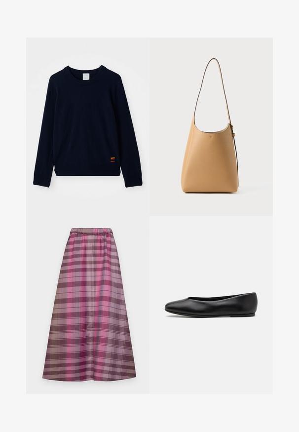 Pull à col ras du cou à manches longues bleu marine avec des poignets et un ourlet côtelés, présentant un petit patch à rayures multicolores près du bas.; Jupe longue à carreaux avec des nuances variées de rose, violet et marron. Fabriquée dans un tissu doux avec une taille élastique pour le confort.; Paul Smith TOPANGA - Ballerines - black; Sac en cuir léger couleur beige clair, avec une texture lisse, un design minimaliste, une seule sangle incurvée et des détails matériels discrets.