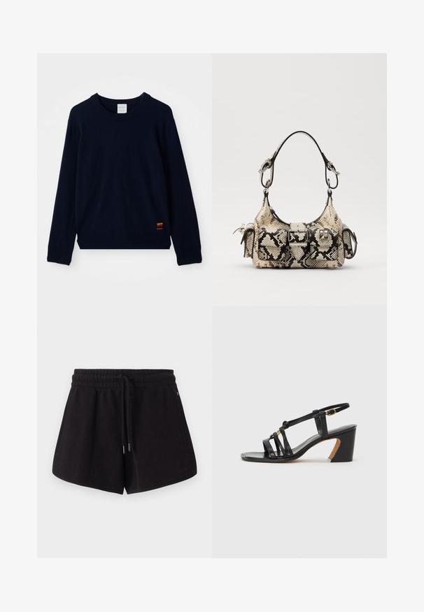 Marineblaues langärmliges Rundhals-Sweatshirt mit gerippten Bündchen und Saum, das an der Unterseite einem kleinen, mehrfarbig gestreiften Aufnäher hat.; Schwarze sportliche Shorts aus weichem Stoff. Sie verfügen über einen elastischen Bund mit Kordelzug, Seitentaschen und einen lockeren Schnitt.; Paul Smith AMIRA - Pumps - black; Python-Handtasche in Beige und Schwarz, mit strukturiertem Design, Schnallen-Details und doppelten Schulterträgern. Texturierte Oberfläche.