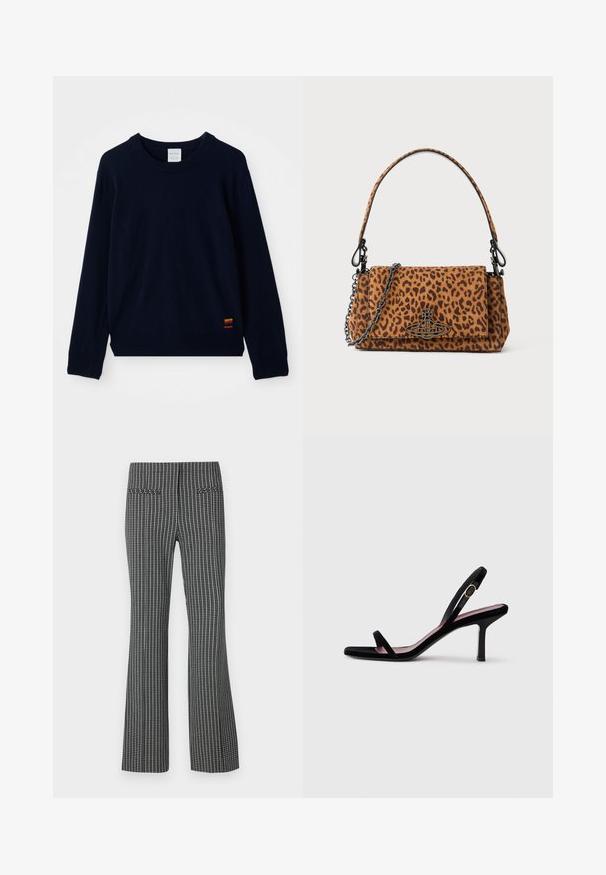 Tamsiai mėlynas ilgomis rankovėmis megztinis su apykakle, turintis gumuotus rankogalius ir apatinę dalį, su mažu daugiaspalviu dryžuotu aplikacija netoli apačios.; Juodos ir baltos langelinės kelnės, plačios kojų dizainas, turinčios dvi užpakalines kišenes ir tekstūruotą audinį su matomu tinklo raštu.; Juodas zomšinis moteriškas aukštakulnis sandalai su plonais dirželiais ir auksine sagtimi ant balto fono, šoninis vaizdas.; Žirafos rašto rankinė, pagaminta iš zomšos, su trumpa rankena, grandinėlės dirželiu ir juodo metalo užsegimu. Stačiakampio formos, su uždėta užsklanda.