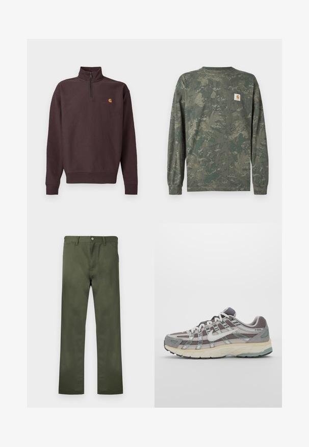 Tumepruun pehme kangaga lukuga kaelusega pusa, millel on pikad varrukad. Rinnal väike kollane ja punane logo. Elastsed mansetid ja ääris.; Rohelise ja pruuni tooniga pikkade varrukatega maskirovkatriiksärk, millel on vasakul rinnal väike ruudukujuline Carhartti logomärk.; Õliverohelised püksid vastupidavast kangast, sirgete säärtega, esitaskute ja nööpkinnisega. Sile tekstuur.; Hallus hallitus jalanõud, millel on võrgust ja sametist ülemine osa, valged rõhutused, pehme tald ning eristuv disain peegelduvate elementidega.