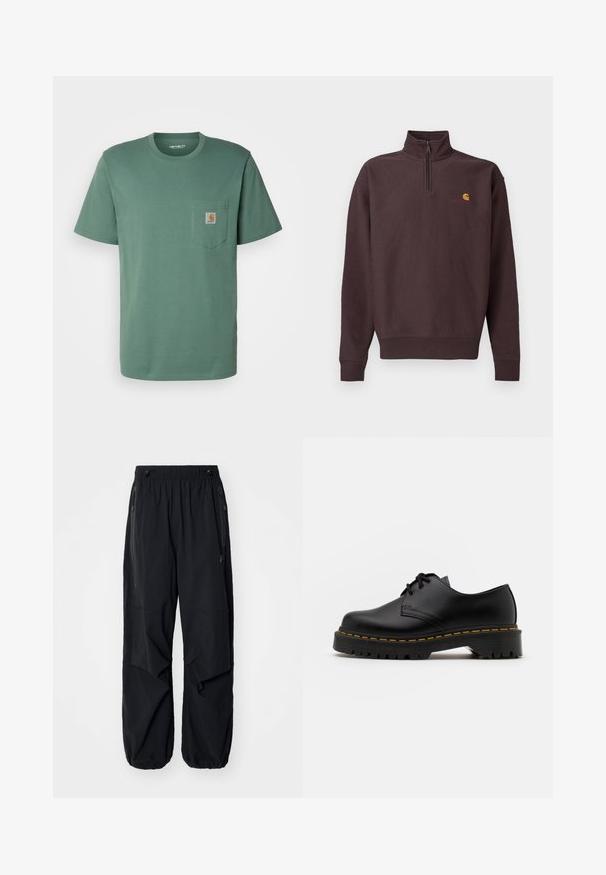 Ciemnobrązowa bluza z suwakiem przy szyi, wykonana z miękkiego materiału, z długimi rękawami. Na piersi znajduje się małe żółto-czerwone logo. Elastyczne mankiety i dół bluzy.; Carhartt WIP - T-shirt basic; Czarne, lekkie spodnie cargo z elastycznym pasem, bocznymi zamkami błyskawicznymi i pojemnymi kieszeniami. Charakteryzują się luźnym krojem i zwężanymi mankietami.; Czarne skórzane buty na sznurówki z zaokrąglonym noskiem, teksturowaną gumową podeszwą i żółtym przeszyciem wokół podstawy. Płaski design i gładkie wykończenie.