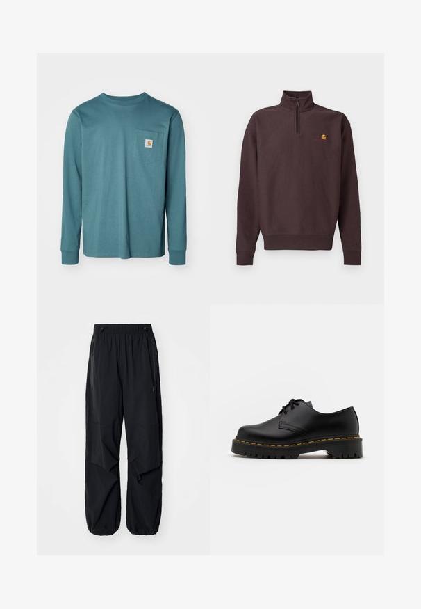 Tumepruun pehme kangaga lukuga kaelusega pusa, millel on pikad varrukad. Rinnal väike kollane ja punane logo. Elastsed mansetid ja ääris.; Pikae varrukatega teal värvi T-särk, mis on valmistatud puuvillast. Omab ümarat kaelust, sirget lõppuserva ning rinna peal on tasku logo plaadiga.; Mustad mustad cargo püksid elastse vöökoha, külgzippide ja avarate taskutega. Omab laia lõiget ja kitsenevaid sääreotsasid.; Must musta lesti kingad ümarate varvastega, tekstureeritud kummitald ja kollane õmblus aluse ääres. Lame disain ja sile viimistlus.