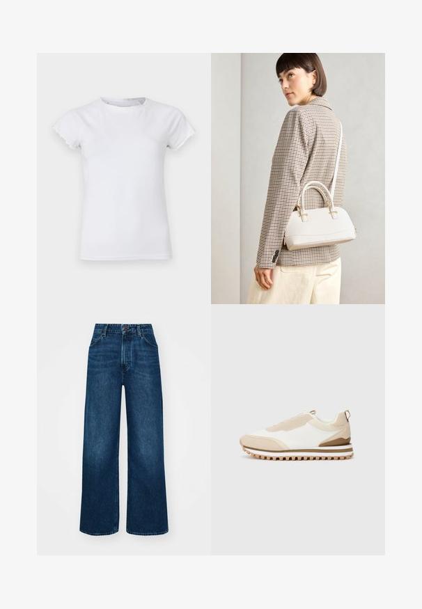 Cream-colored knitted sweater with a textured herringbone pattern, rounded neckline, and ribbed cuffs and hem. Boxy fit with dropped shoulders.; White cotton t-shirt with short, scalloped sleeves, round neckline, fitted shape, smooth texture, and no visible patterns or embellishments.; High-waisted, wide-leg jeans in dark blue denim with a smooth texture, contrast stitching, and five-pocket design. Front button closure.; Beige and white low-top sneaker with textured sole and pull tab at heel, displayed on a plain light background, side view.; White structured handbag with short handles and a shoulder strap, featuring gold hardware accents and textured material, displayed against a grey background.