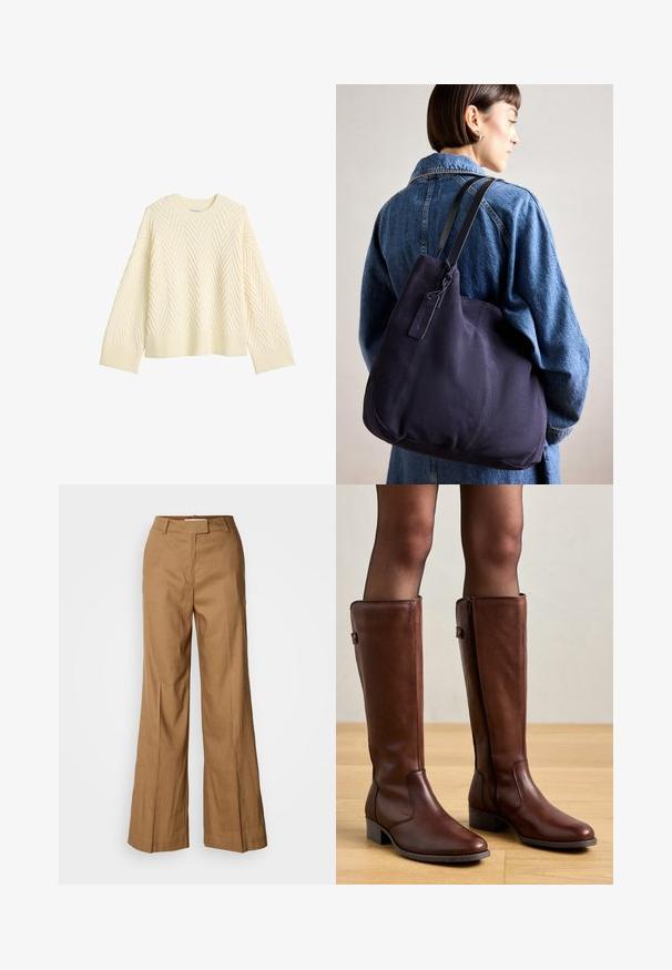 Tejbézs színű kötött pulóver, texturált halszálka mintával, kerek nyakkivágással, valamint bordázott ujjakon és alján. Bokszos szabás, ejtett vállakkal.; Barna, széles szárú nadrág könnyű anyagból. Jellemzője a sima elülső rész, övhurkok és az alakra szabott sziluett, boka hosszúságú kivitelben.; Anna Field LEATHER - Csizmák - brown; Tengerészkék vászon válltáska, puha, struktúrált formával, fekete pánttal, varrott részletekkel és egy kis márkajelzéssel.