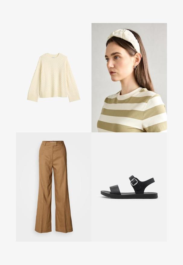 Kermavärvi neulepaita, jossa on eläviä herringbone-kuvioita, pyöreä pääntie sekä ribatty hihansuuhun ja helmaan. Laatikkomainen istuvuus ja pudotetut hartiat.; Ruskeat leveät housut, jotka on valmistettu kevyestä kankaasta. Ominaisuuksiin kuuluvat tasainen etuosa, vyölenkit sekä muotonsa mukauttava siluetti, jossa on nilkkapituinen leikkaus.; Mustat sandaalit, joissa on litteä pohja, säädettävä solki, kaksi leveää remmiä ja sileä pinta, suunniteltu mukavuutta ja helppokäyttöisyyttä varten.; Kermainen pehmustettu pääpanta, jossa on kiertävä muotoilu, yhdistettynä beige-valkoraidalliseen puseroon, jossa on pyöreä pääntie. Huomaamaton koruasu.