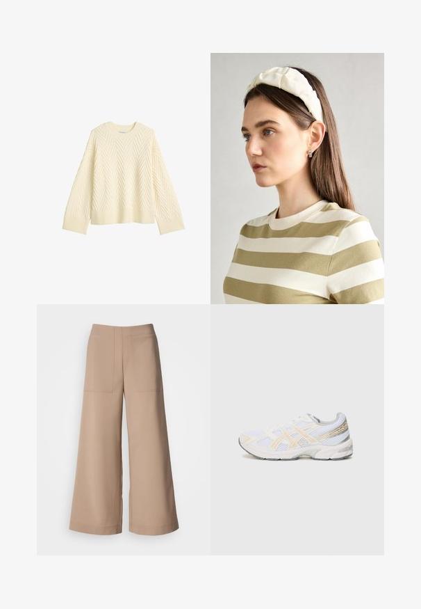 Kreemikaalune kootud sviiter, millel on tekstureeritud herringbone muster, ümar kaelus ja soonikkoes varrukate ning hem. Ruutjas lõige, langetatud õlgadega.; Laiad püksid heledast beežist kangast. Omavad kahte eesmist klapptaskut, lame vöökoht ja sile tekstuur, mis on viimistletud täiuslikult.; Valge sportlik king, mis on valmistatud võrgumaterjalist ja millel on heledat oranži ning halli tooni aktsente, tekstureeritud talla ja pehmendatud krae mugavuse tagamiseks.; Kreemjas pehmendusega peapael, millel on keerutatud disain, koos beeži ja valge triibulise särgiga, millel on ümar kaelus. Diskreetne ehtedisain.