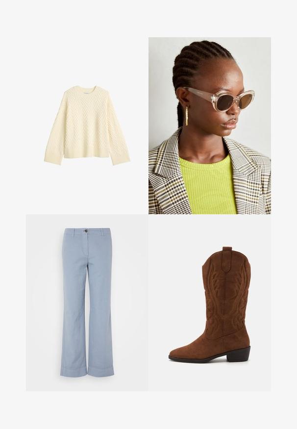 Kremfarget strikket genser med en teksturert fiskebensmønster, rund halslinning og ribbestrikkede mansjetter og kant.; Lys blå linbukser med rette ben, knappefeste og oppbrett i kanten. Glatt tekstur, designet for uformelt bruk.; Anna Field Cowboystøvler - brown; Klare katteøye-solbriller med brune linser og gjennomsiktige rammer. Modell iført en grønn ribbestrikket topp og rutete blazer. Gull hoop øredobber.; Silkesjal i marineblått og hvitt med et geometrisk sikksakkmønster. Glatt tekstur, pent bundet rundt halsen, som komplementerer en ribbestrikket topp.