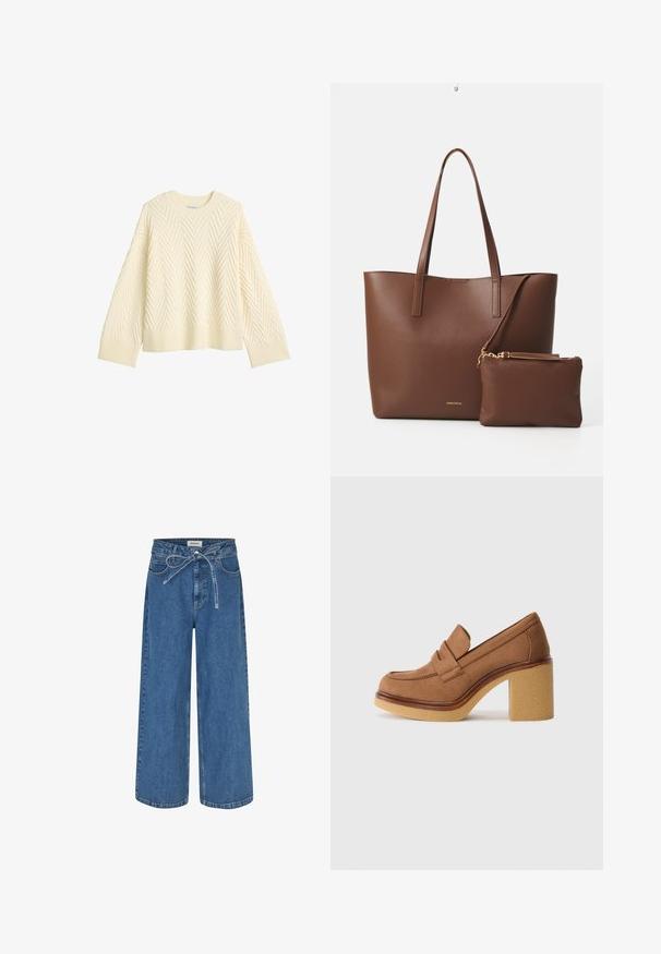 Svijetlosmeđi pleteni pulover s teksturiranim ribljim kostima, okruglim izrezom i rebrastim manžetama i rubom. Kutija fit s narenim ramenima.; Široke traperice u srednje plavoj boji, sa strukom na vezanje, tradicionalnim dizajnom s pet džepova i glatkom, blago teksturiranom završnom obradom.; Smeđe antilop mokasine s niskom platformom i kvadratnim blok peta, s detaljem prednjeg remena i glatkom teksturom.; Smeđa torba od umjetne kože s dva duga ručka i odgovarajućom malom torbicom. Površina ima teksturirani uzorak i zlatne metalne detalje.