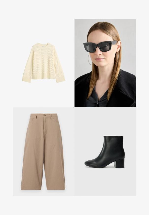Cremfarbener gestrickter Pullover mit einem strukturierten Fischgrätenmuster, rundem Halsausschnitt und gerippten Bündchen und Saum. Boxy-Schnitt mit fallenden Schultern.; Beige weite Baumwollhosen mit hoher Taille, frontalen Taschen und einer einzelnen Knopfverschluss. Glatte Textur und gerader Schnitt.; Schwarze Leder-Ankle-Boots mit spitzem Zehenbereich und klobigem Absatz. Glatte Textur mit minimalen Akzenten und einem eleganten, taillierten Design.; Schwarze Katzenaugen-Sonnenbrille mit dunklen Gläsern, dicken Rahmen und subtilen Akzenten. Getragen mit einem schwarzen Mantel und einem grauen Oberteil, dazu lange, glatte Haare.