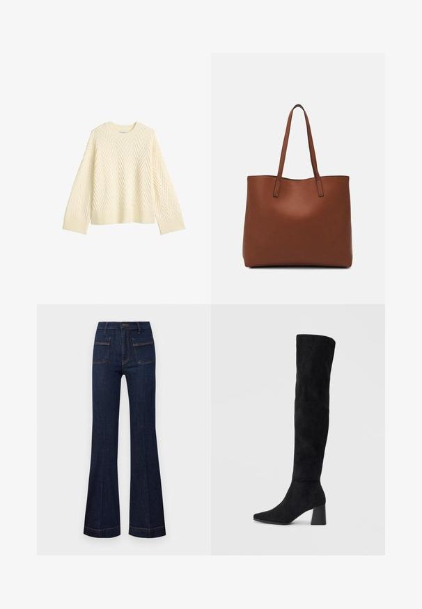 Crème kleurige gebreide trui met een gestructureerd visgraatpatroon, ronde halslijn en ribgebreide manchetten en zoom. Rechte pasvorm met verlaagde schouders.; Donker denim flared jeans met een getailleerde pasvorm, hoge taille en contrasterende oranje stiksels. Inclusief twee voor- en achterzakken.; Zwarte suède kniehoge laars met blokhak, spitse neus en een glad, naadloos ontwerp op een effen lichte achtergrond.; Bruine leren tote bag met een gladde textuur, een ontwerp met een open bovenkant en twee schouderbanden. Kenmerkt zich door minimale stiksels en geen zichtbare hardware.