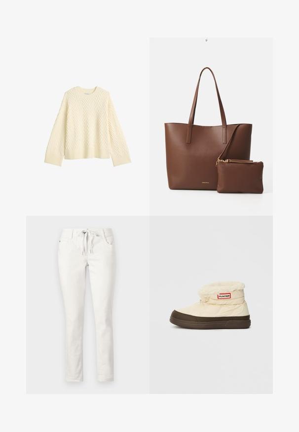 Cremefarvet strikket trøje med et tekstureret hørfisk mønster, rund halsudskæring og ribbede manchetter og kant. Boxy pasform med faldende skuldre.; Hvide, slim-fit bukser med snøre i taljen, frontlommer og en glat tekstur. Velegnede til afslappet brug eller uformelle omgivelser.; Cremefarvede og brune isolerede ankelstøvler med fleece-fór og Hunter-logo patch på siden, vinterfodtøj til koldt vejr.; Brun faux læder tote taske med to lange håndtag og en matchende lille pung. Overfladen har et struktureret mønster og guldfarvede hardware detaljer.