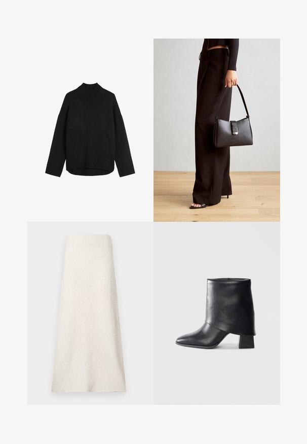 Maglione nero lavorato a maglia con colletto alto a costine, vestibilità rilassata, spalle scese e orlo a costine. Texture morbida, design minimale.; Gonna in spugna color crema, lunghezza ginocchio, realizzata in tessuto textured, con una vita a coste e un design morbido e fluido.; Stivale in pelle nera alla caviglia con punta affusolata, texture liscia e tacco a blocco strutturato. Presenta un design con risvolto alto.; Borsa nera con forma strutturata, texture liscia e una chiusura metallica. Abbinata a pantaloni neri larghi e sandali open-toe su un pavimento in legno.