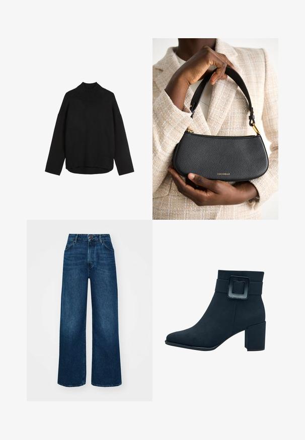 Sort strikket sweater med høj ribkant, afslappet pasform, sænkede skuldre og ribbet kant. Blød tekstur, minimalistisk design.; Højtaljede, brede jeans i mørkeblå denim med en glat tekstur, kontrastsyninger og design med fem lommer. Lukning foran med knap.; Sort ruskind ankelstøvle med firkantet tå og bred blokhæl. Har en bred rem med en rektangulær spænde detalje.; Sort læderhåndtaske med en struktureret overflade, slankt design, kort rem og en guld-logo accent. Holdt mod en lysstofbaggrund.