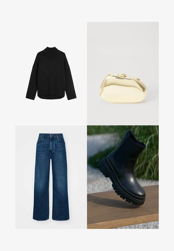 Pulôver preto de malha com um colarinho alto canelado, corte descontraído, ombros caídos e bainha canelada. Textura suave, design minimalista.; Jeans de cintura alta e pernas largas em denim azul escuro com uma textura suave, costuras em contraste e design de cinco bolsos. Fecho frontal com botão.; Bota de tornozelo em couro preto com sola robusta, painéis laterais elásticos e acabamento suave. Design elevado com detalhe de solado em contraste.; Clutch metálico dourado com uma forma suave e arredondada, apresentando um fecho de botão superior e uma pequena alça em corrente para transporte.