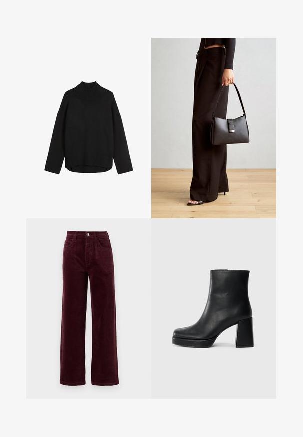 Musta neulepaita, jossa on korkea ribbikaulus, rento istuvuus, roikkuvat olkapäät ja ribbireunus. Pehmeä pinta, minimaalinen muotoilu.; Burgundy korduroy suorat lahkeet, korkea vyötärö, viisi taskua ja etupuolella metallinappi. Teksturoidu kangas, jossa on pystysuuntainen ribbaus.; Musta nahkasaapas nilkkapituisena, jossa on paksu korko ja alustapohja, nähtynä sivulta yksinkertaisella valkoisella taustalla.; Musta käsilaukku, jossa on rakenteellinen muoto, sileä pinta ja metallinen solki. Yhdistetty leveisiin mustiin housuihin ja avonaiheisiin sandaaleihin puulattialla.