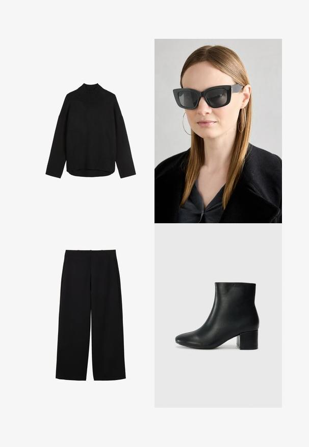 Sort strikket sweater med høj ribkant, afslappet pasform, sænkede skuldre og ribbet kant. Blød tekstur, minimalistisk design.; Sorte bredbenede bukser lavet af et struktureret stof med høj talje, der har frontfald og et rent design. Ingen synlige lommer eller hardware.; Sorte læder ankelstøvler med spids tå og en kraftig hæl. Glat tekstur med minimale detaljer og et slankt, tætsiddende design.; Sorte katteøje solbriller med mørke linser, tykke rammer og subtile detaljer. Båret med en sort frakke og en grå bluse, med langt, glat hår.