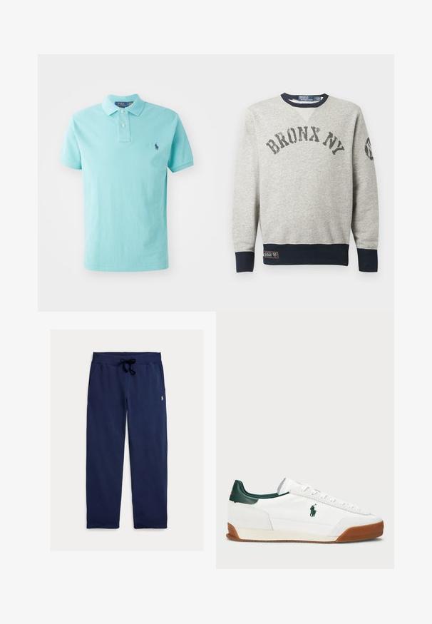 Šedá mikina s nápisem "BRONX NY" na hrudi, námořnický límec, manžety a lem, a malou nášivkou poblíž spodního lemu.; Světle modré polo tričko vyrobené z bavlny, s klasickým límcem, zapínáním na tři knoflíky a malým námořnickým logem na levé hrudi.; Tmavě modré teplákové kalhoty z měkké bavlny, s páskem na stažení a malým logem na horní části levé nohy. Hladká textura, rovné nohavice.; Bílé tenisky se zelenými koženými akcenty a béžovou gumovou podrážkou. Vlastnosti zahrnují textilní tělo a výrazné logo na boku. Šněrovací design.
