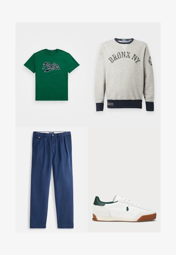 Grå hettegenser med "BRONX NY" tekst på brystet, marineblå krage, mansjetter, og nederst på kanten, samt et lite merke nær bunnsømmen.; Grønn bomull t-skjorte med et stort hvitt og marineblått "Polo" logo grafikk og "RALPH LAUREN" tekst under. Rund hals og korte ermer.; Marineblå, tilsmalnende bukser laget av bomullsblanding med knappelukking, to frontlommer og en glatt tekstur.; Hvite sneakers med grønne lærdetaljer og en tan gummisåle. Har en stoffoverdel og en fremtredende logo på siden. Snøring.