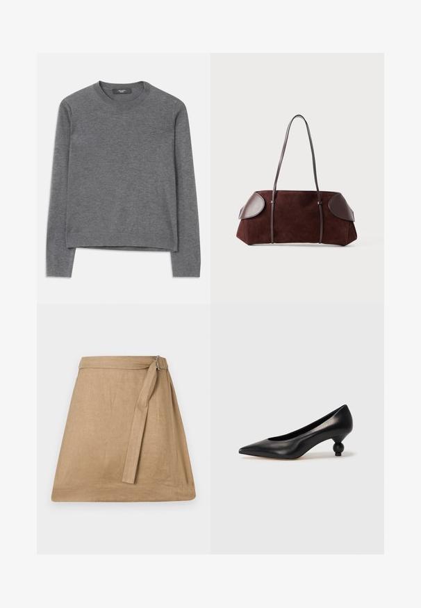 Pull gris à manches longues en tissu tricoté doux. Présente un col rond, des poignets et un ourlet côtelés, avec une coupe décontractée et une construction sans couture.; Jupe en lin beige, avec une légère forme évasée, dotée d'un lien sur le côté et d'un détail de boucle, texture lisse et ourlet net.; Chaussure à talon haut en cuir noir avec un bout pointu et un talon arrondi. Texture lisse avec un design épuré et minimal.; Sac en daim marron avec des accents en cuir, forme structurée, double poignées, bords arrondis, présentant une texture lisse et un matériel minimal.