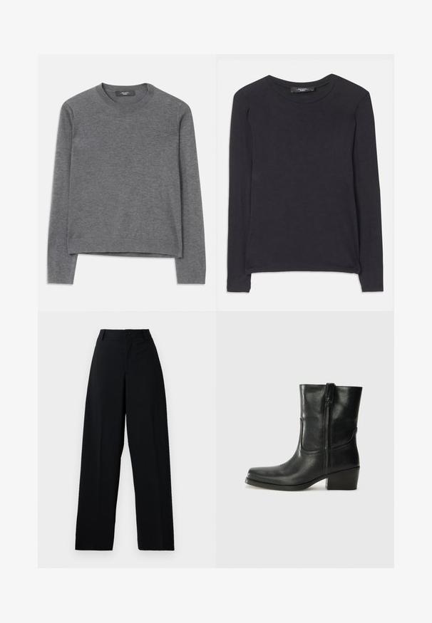 Grå långärmad tröja i mjukt stickat material. Har en rundad halsringning, ribbade ärmslut och nederkant, med en avslappnad passform och sömlös konstruktion.; Svart långärmad skjorta med rund halsringning, tillverkad av mjukt tyg. Har en enkel design och diskreta sömdetaljer längs kanten.; Svarta höga byxor med vida ben, knäppning med knapp och dragkedja, bältesöglor och en ren, slät tygfinish.; Svart läderankelboot med rund tå, blockklack, sidodragkedja och sömmar på ovandelen. Slät textur, klassisk design.