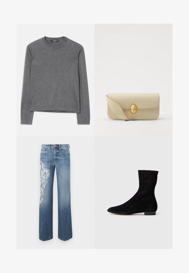 Sivi dukserica dugih rukava od mekog pletiva. Ima okrugli izrez, rebraste manžete i rub, sa opuštenim krojem i bešavnom konstrukcijom.; Svijetloplave traperice s opuštenim krojem, ukrašene bijelim izvezenim zavojnicama na lijevoj nozi. Ravnog kroja i klasičnog dizajna s pet džepova.; Crne nubuk čizme do gležnjeva s uskim okvirem, špicastim vrhom i niskom bloknom petom. Glatka tekstura i minimalistički dizajn, pogodne za svestrano stiliziranje.; Bež kožni ručni torbicu s glatkom teksturom, pravokutnim oblikom i zlatnim ovalnim kopčanjem. Ima dugu, podesivu naramenicu.