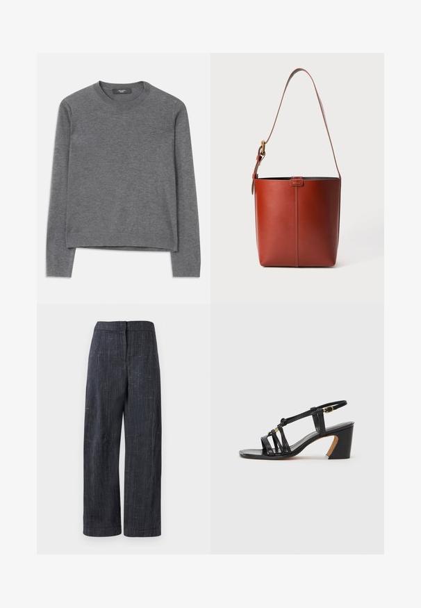 Szürke, hosszú ujjú pulóver puha kötött anyagból. Jellemzője a kerek nyak, bordás mandzsetta és szegély, laza fazonban és varrás nélküli kivitelben.; Sötétszürke, széles szárú nadrág finom textúrával, magas derékkal és rejtett elülső záródással.; Paul Smith AMIRA - Klasszikus sarkú cipők - black; Barna bőr vödör táska állítható vállpánttal és aranyszínű csattal, egyszerű függőleges varrással az elején.