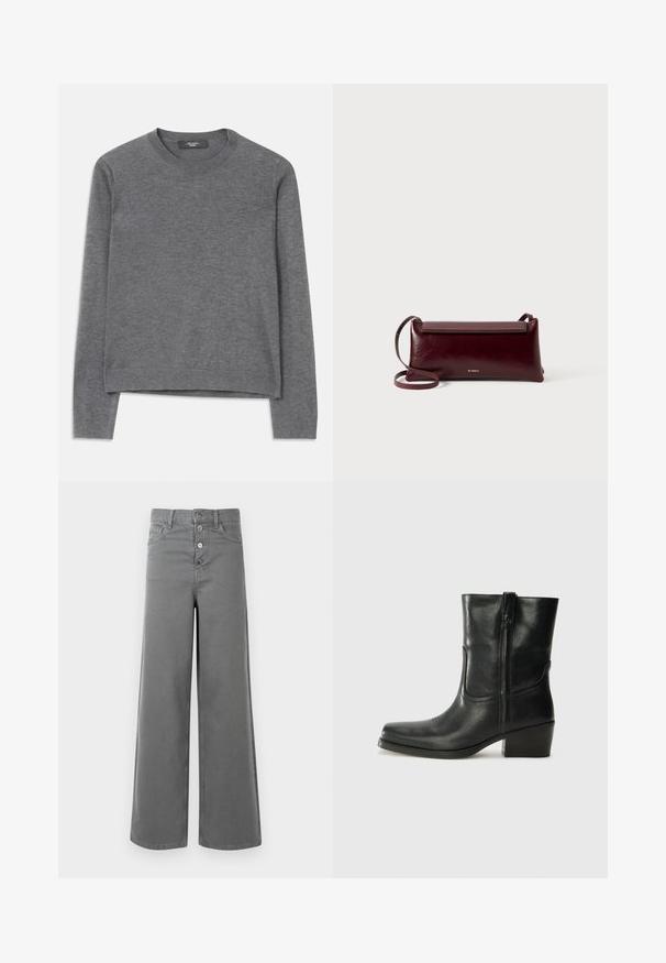 Siv dolg rokav pulover iz mehke pletenine. Ima okroglo ovratnik, rebraste manšete in rob, sproščen kroj ter brezšivno konstrukcijo.; Sive široke hlače z visokim pasom, štirimi sprednjimi gumbi, zanke za pas in sprednjimi žepi, prikazane na beli podlagi.; Črne usnjene gležnjarje z zaobljenim nosom, blok peto, stransko zadrgo in šivanjem na vampu. Gladka tekstura, klasična zasnova.; Burgundska usnjena torba čez ramo s gladko teksturo, pravokotno obliko, zapiranjem na pokrovček in tankim nastavljivim trakom. Vidna zlata logotipna podrobnost.