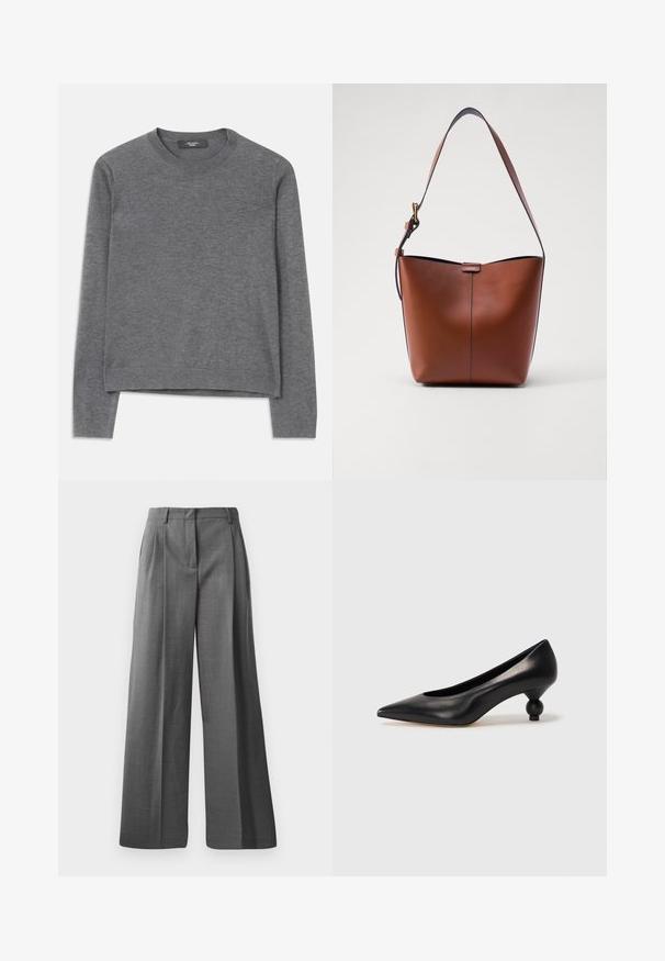 Gray long-sleeve sweater in soft knit fabric. Features a crew neckline, ribbed cuffs, and hem, with a relaxed fit and seamless construction.; Gray, wide-leg trousers made from textured fabric with a subtle pattern. Features front pleats and a waistband with belt loops.; Black leather high heel shoe with a pointed toe and a round, balled heel. Smooth texture with a sleek, minimal design.; Brown leather shoulder bag with a curved shape, smooth texture, and a single thin strap. Features a subtle seam and a small logo detail.