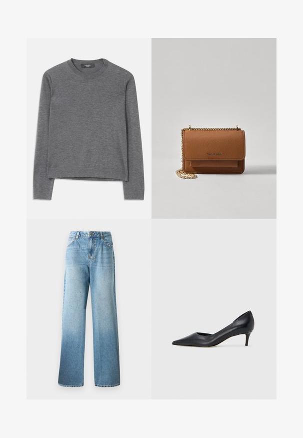 Siv dolg rokav pulover iz mehke pletenine. Ima okroglo ovratnik, rebraste manšete in rob, sproščen kroj ter brezšivno konstrukcijo.; Svijetloplave traperice s opuštenim krojem, ravnim nogavicama i suptilnim ukrasima. Sadrže tradicionalni dizajn s pet džepova i petlje za remen.; Črni usnjeni čevelj s koničastim prstom in nizkim tihim peto. Ima gladko teksturo in subtilen lesk. Spredaj odprt izrez za dodaten detajl.; Rjava teksturirana usnjena torba čez ramo z zlatim verižnim trakom in zapiranjem na pokrov. Spredaj je vidna podrobnost logotipa in žep pod pokrovom.