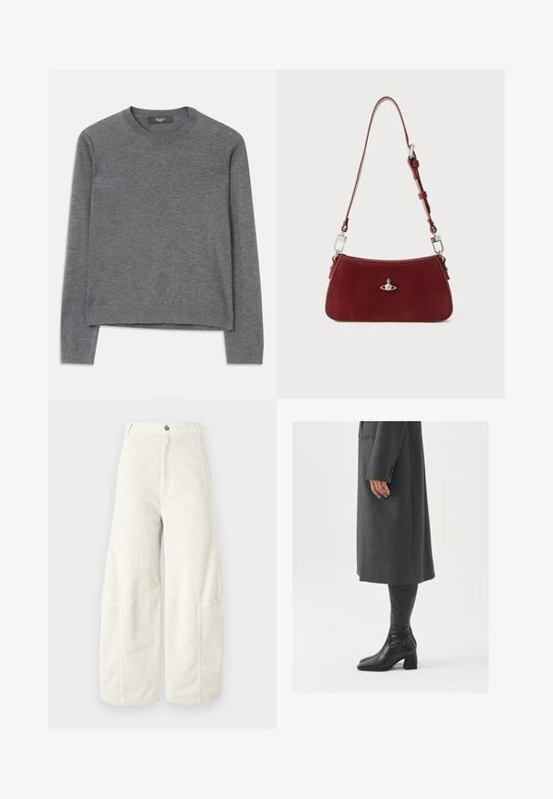 Pelēks garajām piedurknēm svārki, izgatavoti no mīksta dzijas auduma. Ietver apaļo kakla izgriezumu, ribbētas piedurknes un apakšmalu, ar brīvu piegriezumu un bezšuvju konstrukciju.; Platas kājas korduroja bikses gaiši bēšā krāsā ar ribotu tekstūru, klasisku pogu aizdari un vienkāršiem sānu kabatām.; Pelēks, pielāgots mētelis ar taisnu griezumu; kombinēts ar melniem ādas zābakiem līdz ceļiem, kuriem ir kvadrāta formas purngals un masīla dūre.; Sarkans zamšs plecu soma ar izliekta formu. Iezīmēta ar sudraba toņa akcentu un regulējamu siksnu ar metāla detaļām. Gluda tekstūra.