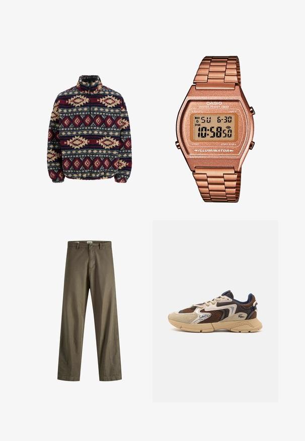 Pull en polaire à demi-zip, arborant des motifs géométriques en marine, bordeaux et beige, avec des poignets élastiques et un col montant.; Chemise à manches longues à carreaux noir et blanc avec col et poche poitrine, présentée sur un fond blanc.; Pantalon en coton vert olive avec jambes droites, doté d'une fermeture éclair, d'un bouton et de poches latérales. Texture lisse et détails minimalistes.; Sneaker beige et marron avec des panneaux en maille texturée, des accents en daim et une semelle en caoutchouc. Présente un design à lacets et des détails de marque.; Montre digitale Casio avec un bracelet en métal rose doré, un boîtier rectangulaire, un écran éclairé et une résistance à l'eau, affichant l'heure et la date.