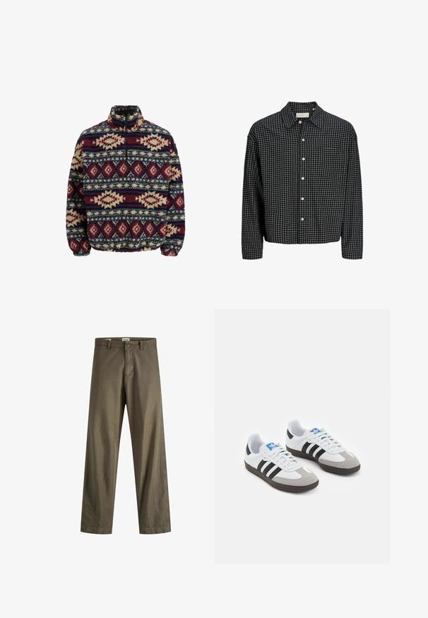 Fliisist valmistatud pooltõmblukuga pullover, millel on geomeetrilised mustrid tumesinises, kastanjas ja beežis, elastsete mansettide ja kõrge kraega.; Mustvalge ruuduline pika varrukaga nööpidega särk, millel on kaelus ja rinna tasku, esitatud valgel taustal.; Olive rohelised puuvillased püksid otse jalgadega, millel on lukuga eesmine sulgur, nupuga kinnitamine ja küljetaskud. Sile tekstuur ja minimaalne detailikasutus.; Spordijalatsid valge nahkpealsega, halli nubuk-naha otsaga ja kolme musta triibuga. Omab sinist logo keele peal ja struktureeritud kummitalda.
