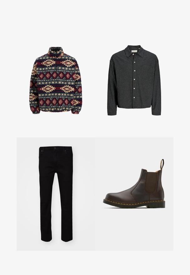 Fleece pulovers ar pus-iedziņu, ar ģeometriskiem rakstiem tumši zils, bordo un bēšs, ar elastīgiem piegriezumiem un augstu apkakli.; Melnā un baltā pārbaudīta garām piedurknēm pogājama krekls ar apkakli un krūšu kabatu, parādīts uz baltā fona.; Melnas džinsus ar slim fit piegriezumu, izgatavotus no kokvilnas. Iespējas piecas kabatas, metāla pogas aizdare un gluda struktūra.; Brūni ādas Chelsea zābaki ar elastīgām sānu daļām, teksturētu papēdi un kontrastējošiem dzelteniem šuvēm. Iespējots vilkt ar cilpu, lai viegli uzvilktu.