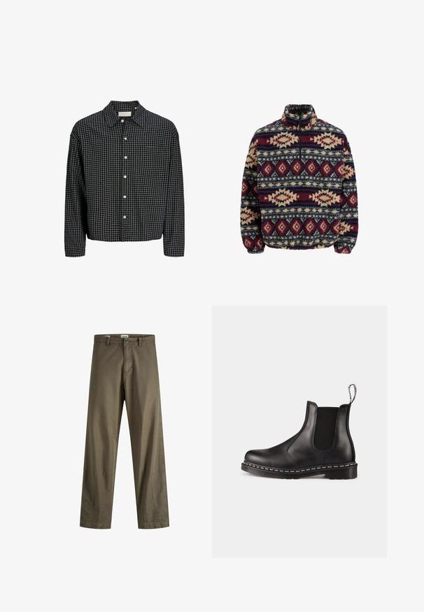 Fleece-Pullover mit halbem Reißverschluss, ausgestattet mit geometrischen Mustern in Marineblau, Kastanienrot und Beige, mit elastischen Bündchen und hohem Kragen.; Schwarz-weißer karierter Langarmhemd mit Kragen und Brusttasche, präsentiert vor einem weißen Hintergrund.; Olivgrüne Baumwollhose mit geradem Schnitt, ausgestattet mit einem Reißverschluss, Knopfverschluss und seitlichen Taschen. Glatte Textur und minimale Details.; Schwarze Leder-Chelsea-Stiefel mit elastischen Seitenpaneelen, abgerundeter Zehenpartie, Ziehschlaufe, weißer Naht an der Sohle und strukturiertem Gummiaußensohle.