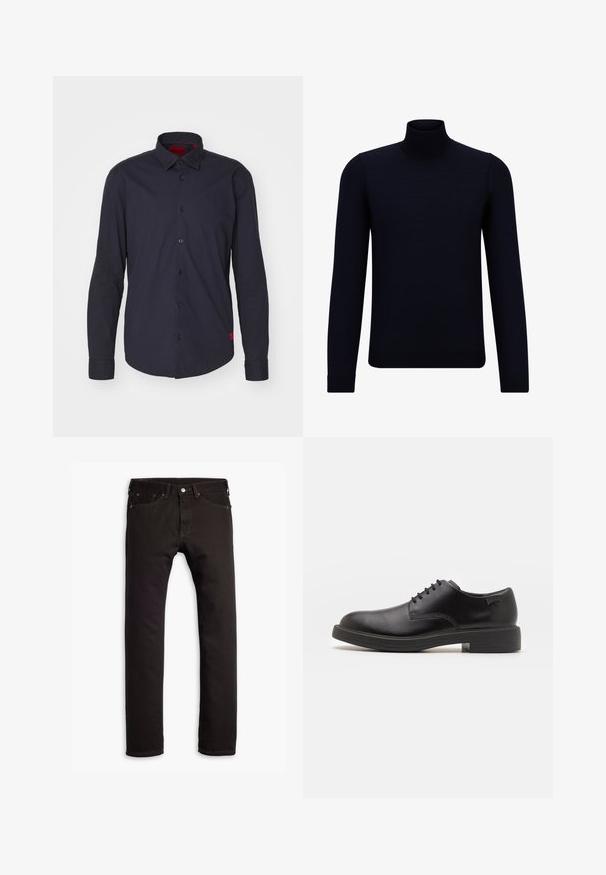 Maglione a collo alto di colore blu navy scuro, realizzato in tessuto a maglia fine, con maniche lunghe e un collo alto attillato. Nessun motivo o dettaglio visibile.; HUGO ERMO - Camicia elegante - dark blue; Jeans neri slim-fit con cinque tasche e chiusura con bottone, mostrati distesi su uno sfondo bianco.; Scarpa nera in pelle con lacci, punta tonda, texture liscia, cuciture minime e tacco in gomma basso. Logo sul tacco.