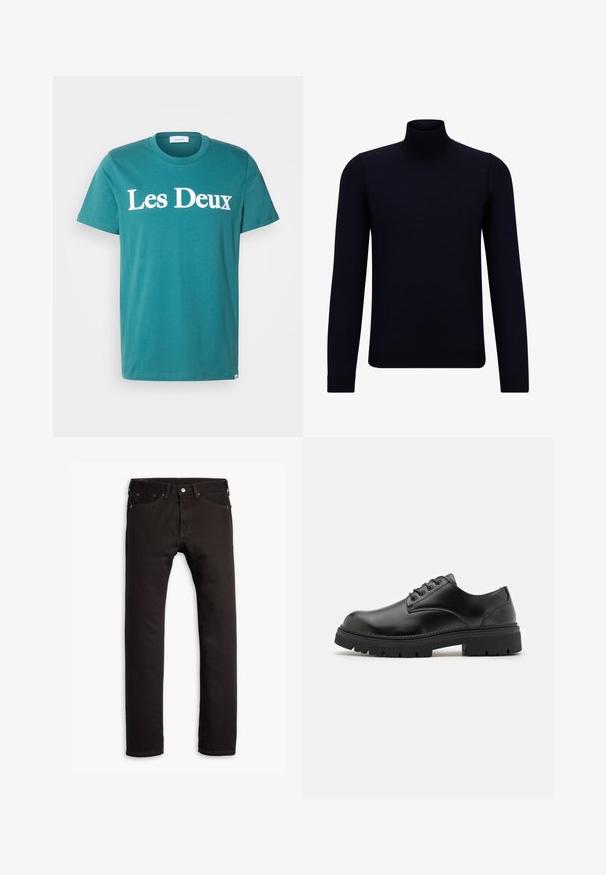 Temno modra turtleneck pulover iz fine pletenine, z dolgimi rokavi in prilegajočim, visokim ovratnikom. Brez vidnih vzorcev ali poudarkov.; Teal bomba majica kratkih rukava s okruglim izrezom koja na prsima ima natpis "Les Deux" ispisan velikim bijelim slovima. Ravnog kroja.; Črne ozke kavbojke s petimi žepi in gumbom za zapiranje, predstavljene ležerno na beli podlagi.; Črne usnjene čevlje s podolgovatim prstom, z vezalnim dizajnom in debelim, teksturiranim gumijastim podplatom. Imajo šivanje ob robu in gladko površino.